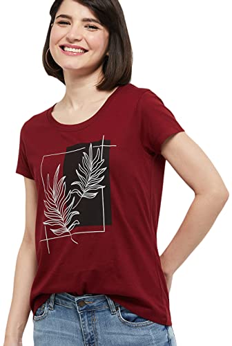 Max Women Cotton Regular Printed Round Neck T-Shirt (Aw22Ccp04Maroon_XL)