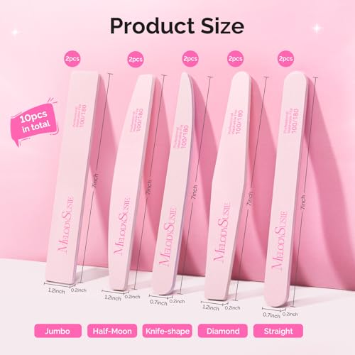 Image of MelodySusie 10Pcs Nail Files 100 /180 Grit, Mixed-Shape Double Sided Emery Boards Bulk Pack for Acrylic, Gel and Natural Nails, Professional Manicure Pedicure Shaping Tools for Home Salon, Pink