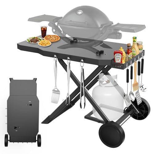 Broil-X Grill Cart for Weber Q1200 Q1000 Q2200 Q2400 Portable Grill Stand for Blackstone 17& 22 Table Top Griddles Foldable Grill Cart for Pizza Ovens with Shelf for Gas Cylinder