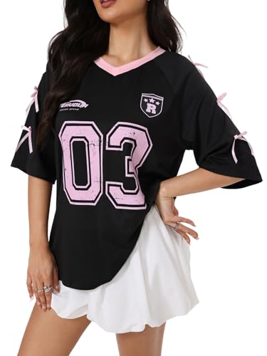 Verdusa Women's Bow Tie Oversized Jersey Shirts Hip Hop V Neck Short Sleeve Graphic Tees