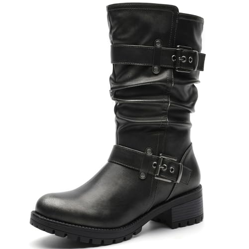 Image of GLOBALWIN Chunky Mid Calf Fashion Dressy Motocycle Biker Military Style Combat Boots for Women Low Heel