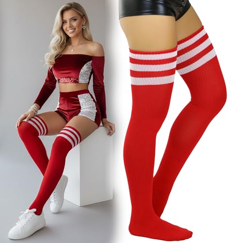 Image of ToBeInStyle Women's Heavyweight Knit Thigh High Long Socks w /Contrast 3 Stripe Top Band