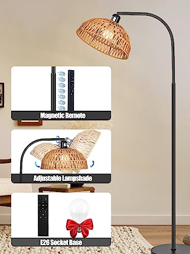 Image of Brilvibera Boho Standing Lamp with Remote Control and Dimmable Bulb | Hand-Worked Adjustable Rattan Shades, Black Farmhouse Tall Lamp, Boho Arc Floor Lamps for Living Room, Bedroom, Office