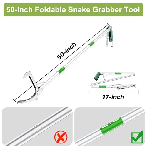 Image of 50 inch Folding Snake Grabber Tongs, Stainless Steel Snake Catcher Tool | Wide Jaws & Non-Slip Handle - Humane Reptile Handling Stick for Outdoor, Yard, Farm & Camping Use