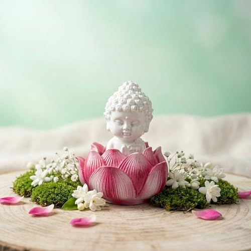 Image of eCraftIndia Pink Lotus Baby Buddha Statue Showpiece for Home Decor | Living Room, Bedroom, Office & Car Dashboard