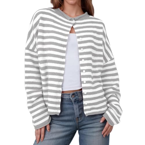 KVOTUU Women Striped Cardigan Sweaters Casual Long Sleeve Open Front Knit Jacket Button Down Cropped Shirts Coat Fall Outfits Grey
