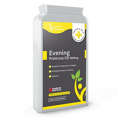 Multivita Evening Primrose Oil EPO 1000mg 90 Capsules | Vegan Cold Pressed Supplement | Provides GLA & Vitamin E | 100% Quality Satisfaction , No GMOs - UK Made Vegan Soft Gels