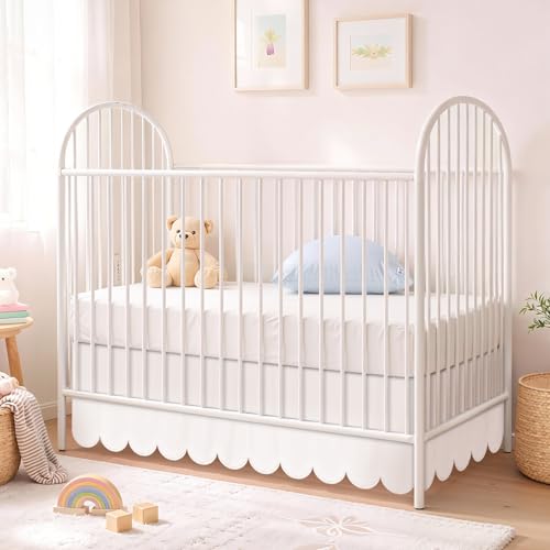 Hahafelt Scalloped Crib Skirt for Baby Girl Nursery 28x 52 with 14 Drop 4-Sided Dust Ruffle Soft Breathable Fabric Elegant Nursery Decor Fits Standard Crib White