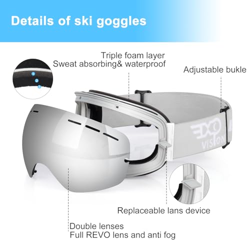 Image of EXP VISION Snowboard Ski Goggles Men Women Youth, Anti Fog OTG Winter Snow Goggles Spherical Detachable Lens (Gray)