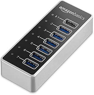 Amazon Basics USB-A 3.1 7-Port Hub with Power Adapter - 36W (12V/3A), Silver, EU
