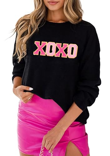 LEMAFER Women's 2026 Valentines Sweater Black Xoxo Round Neck Casual