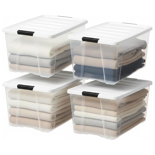 Image of IRIS USA 72 Qt Stackable Plastic Storage Bins with Lids, 8 Pack - BPA-Free, Made in USA - See-Through Organizing Solution, Latches, Durable Nestable Containers, Secure Pull Handle - Clear /White