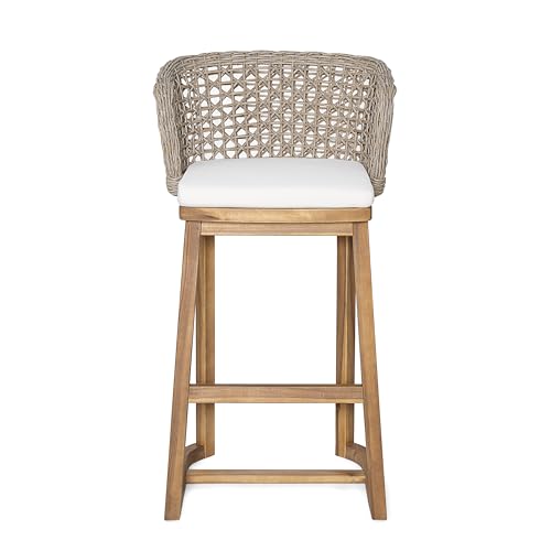 Juego de 4 taburetes de bar para exteriores Christopher Knight Home, con estructura de madera de acacia acabado teca, respaldo de mimbre color marrón claro y cojín beige, altura barra, para isla de cocina o patio miniatura 6