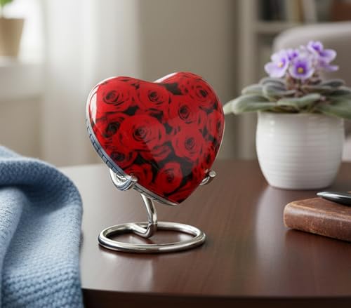 eSplanade | Mini Urne Funéraire en Forme de Cœur | Petit Pot pour Cendres | Rouge, Roses | 11,4 cm