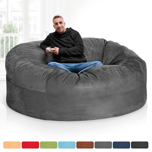 Green Bean Jumbo Max Riesensitzsack mit Memory-Schaum Flockenfüllung – Sitzsack XXL aus flauschigem Velours in 6ft (180x120cm) Dunkelgrau – Indoor Lounge-Sitzsack waschbar & gemütlich