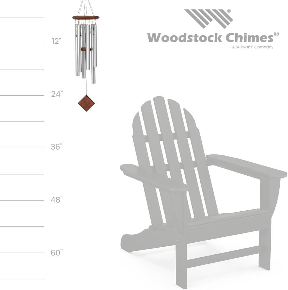 Woodstock Wind Chime for Outside Garden and Patio Decor, 27” Silver Aluminium and Teakwood Wind Chimes, Elegant Chime for Yard and Outdoor Gift