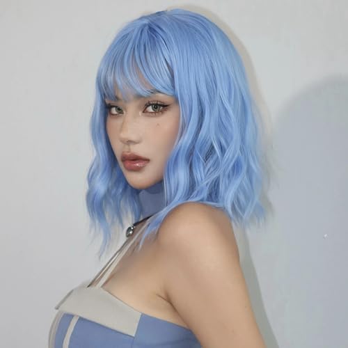Image of Pastel Light Blue Wavy Bob Wig for Women, Short Shoulder Length Synthetic Wig with Bangs, Matte Natural Realistic Look Lightweight Hairpiece, Light Blue Color for Daily Wear & Cosplay Costume