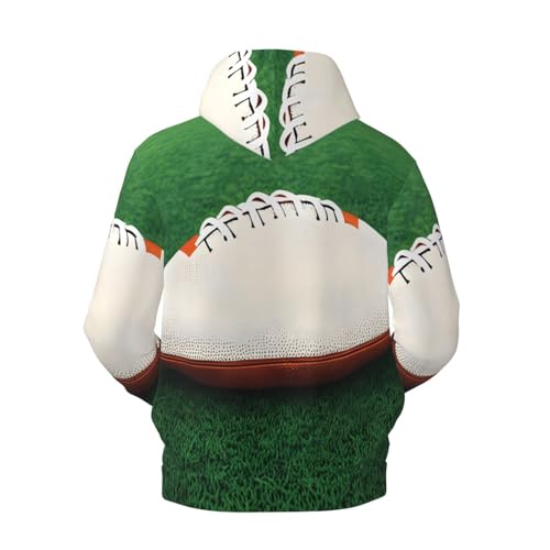 Men's Fleece Pullover Hoodies, White Rugby Ball Printed Casual Drawstring Hooded Sweatshirts2