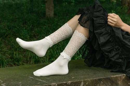 Image of Womens Lace Cotton Socks Transparent Mesh Ruffle Dress Calf Socks