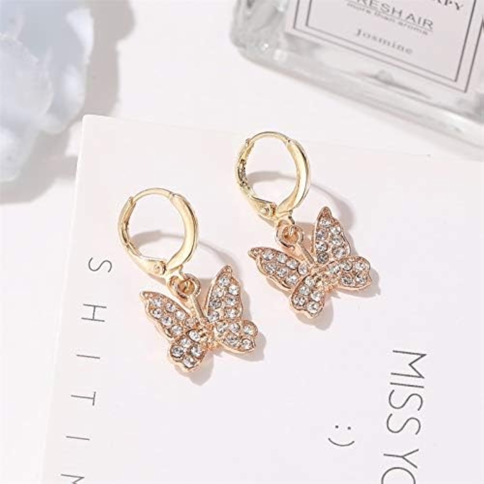 Women's Crystal Butterfly Hoop Drop Earrings, Trendy Fashion