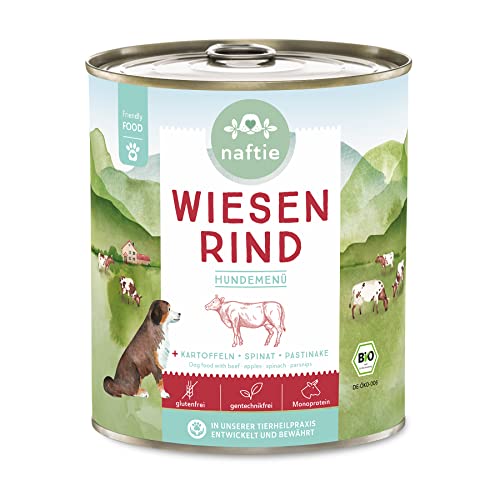 naftie Bio Hundefutter Wiesen Rind - Premium Nassfutter Menü mit Rindfleisch & Kartoffeln - getreidefrei glutenfrei - purinarm - 800g Dosen