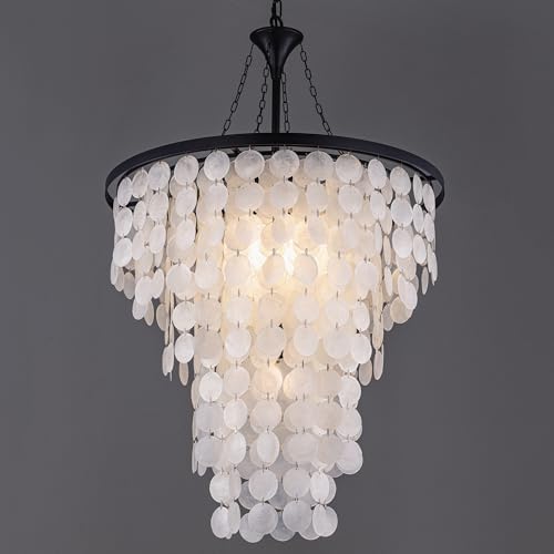 Wellmet Coastal Capiz Shell Chandelier, 7 Lights Beach Light Fixture, Sea Shell Pendant Lighting for Dining Room, Black Farmhouse Chandelier Ceiling Light for Kitchen Island, 24" Dia