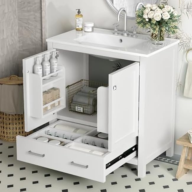Contemporary Bathroom Vanity Combo Featuring Ceramic Undermount Sink, Storage Cabinet with Soft Close Doors £¦ Divided Drawer, Double Layered Shelves, Overflow Protection, Solid Wood Frame (White 30)