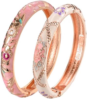 UJOY Fashion Cloisonne Jewelry Bangles Bracelets Flower Enamel Bangle Sets Gift Box for Women 55A119 Diameter: 2.4'' A116 (2 Pcs Set)-Blue and Cream White