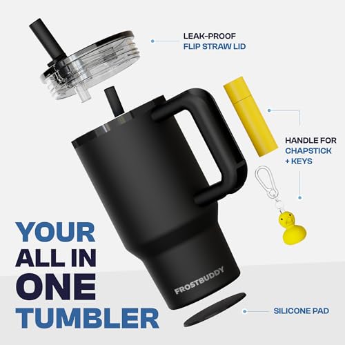 Frost Buddy Thicc Buddy - 16 oz Stainless Steel Vacuum Insulated Tumbler with Lid and Straw for Water - Travel Mug Cupholder Friendly - Gifts for Women Men Him Her (Black)