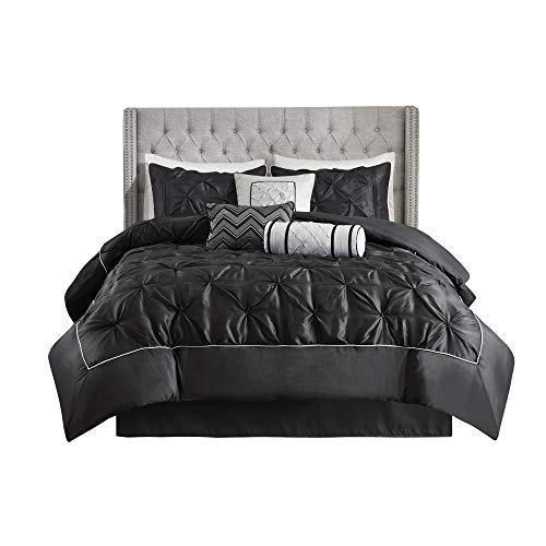 Madison Park Laurel Cal King Size Bed Comforter Set Bed In A Bag - Black , Wrinkle Tufted Pleated – 7 Pieces Bedding Sets – Faux Silk Bedroom Comforters #TOP7