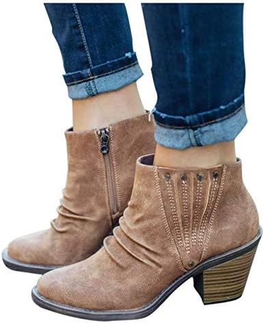 Ankle Boots for Women with Heel,Women's Wedges Ankle Booties Retro V Cutout Comfy Short Boots Flock Leather Zip Closure Stacked Chunky Block Heels Shoes