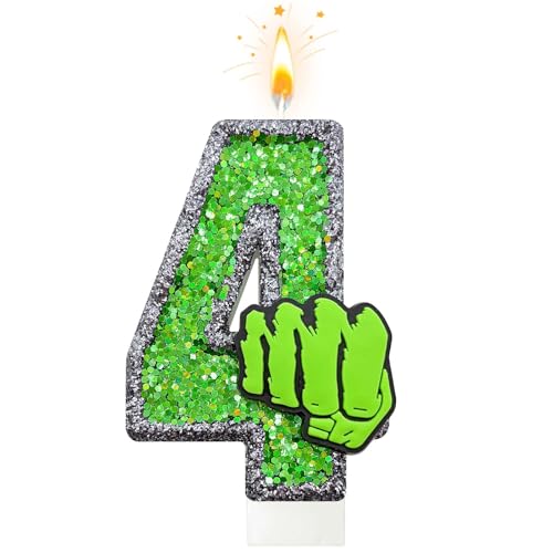 ToonGlow Cartoon Hero Birthday Number Candle Green Fist Birthday Candles for Cake Green Glitter Number 4 Candle Cake Topper with Sequins for Cupcake Topper Party Favors Decor Supplies