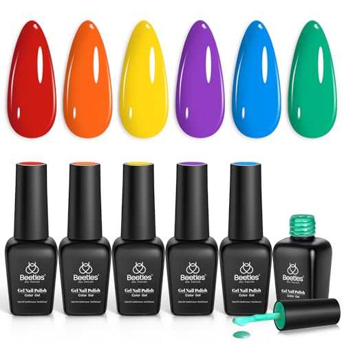 Beetles Rainbow Gel Polish Set - 6 Colors Red Yellow Blue Orange Green Purple Polish Rainbow Flag Summer Neon Gel Nail Polish Kit Soak Off UV Nail Art Design Salon DIY Manicure Gifts for Women
