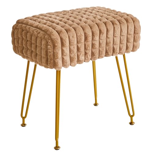 Taburete otomano reposapiés, asiento de tocador de terciopelo, mesa auxiliar con patas de acero dorado para sala de maquillaje y dormitorio, patrón de cuadrícula cuadrada, color morado