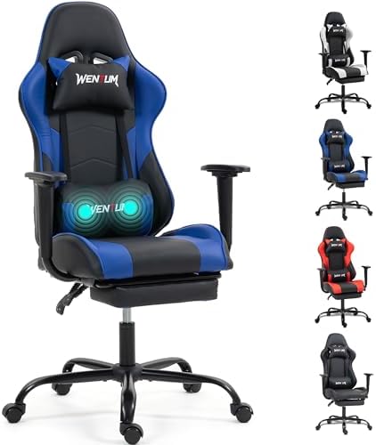 Gaming Chair with Footrest, Ergonomic PC Desk Chair with Headrest and Massage Lumbar Support, Video Game Chair w/Height Adjustable High Back for Home Office, Blue