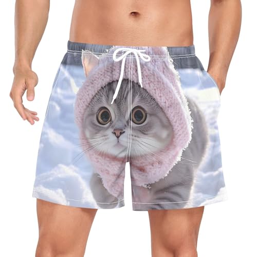 Mens Swim Trunks with Liner, Cat Scarf Cute Cool Quick Dry Beach Swim Shorts, Swimwear Bathing Suits S