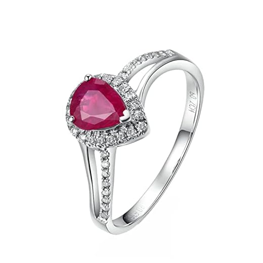 Dsnyu 18 Quilates Oro Blanco 750 Anillo de Boda, 0.8 Quilates Rubí Anillos Pareja Mujers Plata, Lágrima Anillo de Pareja para el día de San Valentín Talla 10