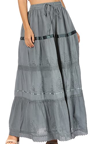 Aa554 - Solid Embroidered Gypsy/Bohemian Full/Maxi/Long Cotton Skirt - Gray/One Size #TOP17