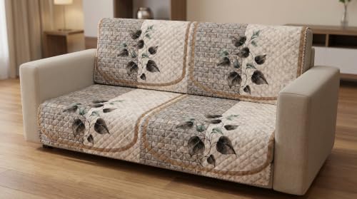 Image of KINGLY Quilted Velvet Sofa Cover Beige L Shape 3+2 Anti Skid Pipe