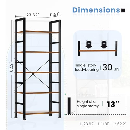 DUMOS 5 Tiers Bookshelf, Classical Modern Book Shelf, Tall Display Shelves in Living Room/Home/Office, Storage Organizer for CDs/Books/Movies, Rustic Brown - Image 3
