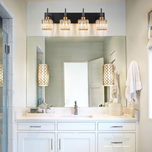 Image of Black and Gold Bathroom Light Fixture,4-Lights Crystal Vanity Lights Fixtures with Square Crystal Shade Metal Base,Modern Black and Brass Bathroom Lights Over Mirror
