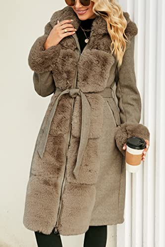 Giolshon Damen-Jacke mit Pelzfutter aus Wollmischung, Kapuze und Pelzkragen verdickter langer Trenchcoat mit Gürtel 244A Khaki XL