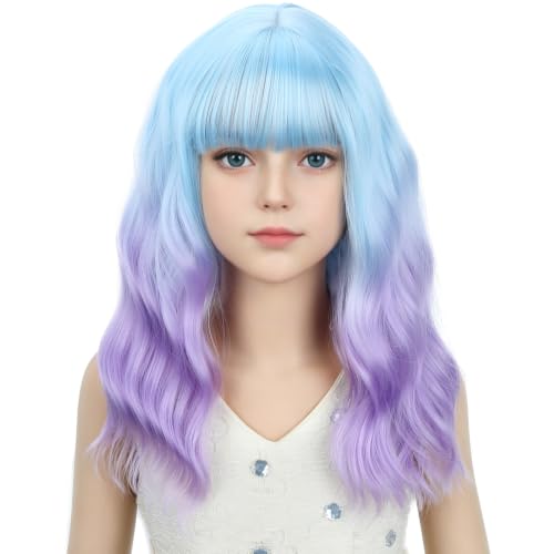 Image of Light Blue Ombre Light Purple Wig for Girls Blue Purle Wig with Bangs Adult Short Wavy Curly Wigs Synthetic Cosplay Hair Wigs