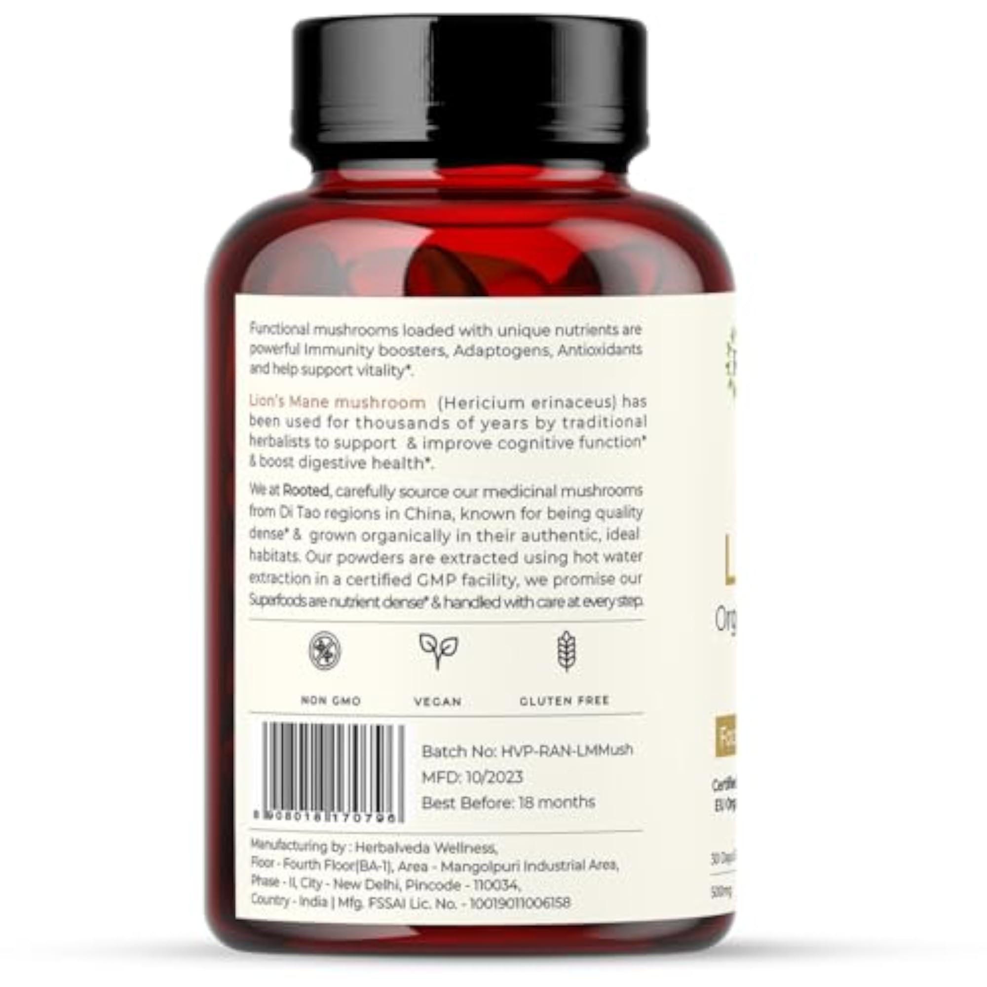 USDA Organic Lions Mane Mushroom Extract Capsules, 60 Count