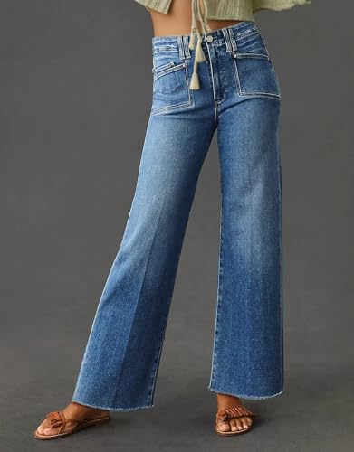 Kedera Women's Wide Leg High Wasited Jeans Stretchy Straight Leg Mom Jeans Baggy Raw Hem Denim Pants Trendy Summer 20252