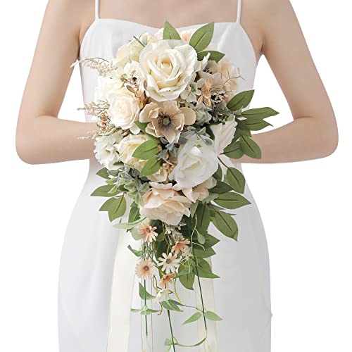 Serwalin 9.8 Inch Wedding Bouquets for Bride Bridesmaid, Champagne Rose Bridal Bouquets for Bride, Wedding Flowers Bouquet Tossing Bouquet, Wedding Ceremony and Anniversary Valentine's Day Decoration