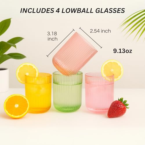 Khen Ribbed Textured Glassware | 8 Piece Set with 4 Highball 12.85oz and Lowball 9.13oz Tumblers Durable Reusable Water Juice Soda Iced Coffee Cocktail Lemonade Cups Dishwasher Safe