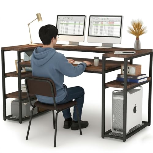 Image of Computer Desk 160 cm with Storage Shelves| Monitor Stand, Home Office Writing Table, Wooden Study Table for Laptop Work at Home| Modern Office Furniture| Rustic Brown| 160x60x90cm