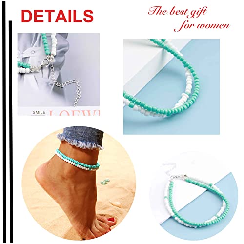 Yienate Boho Turquoise Anklet & Bracelet - Blue & White Beaded Summer Beach Fashion Feet Chain Jewelry Gift for Women & Girls - Image 4
