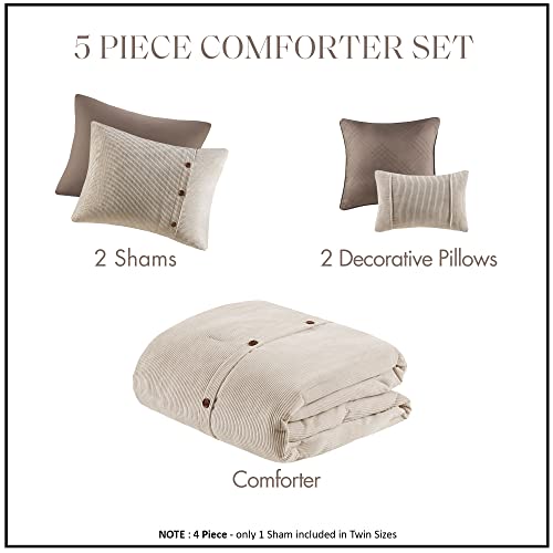 Madison Park Andes Cozy Corduroy Comforter Set, Piping Texture, Rustic Button Accent, Cabin Lodge Lifestyle, Down Alternative, All Season Bedding, Shams, Pillows, Full/Queen(90"X90") Tan 5 Piece #TOP6